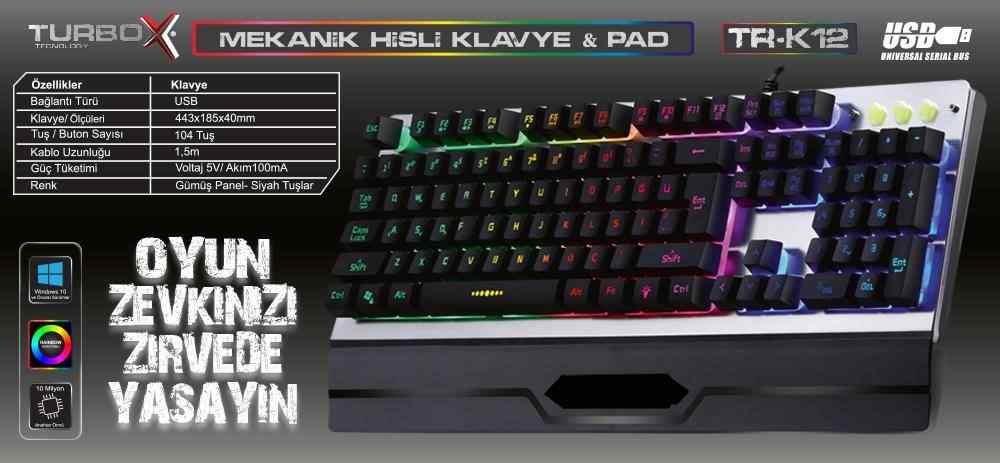 Turbox TR-K12 RGB Işıklı Metal Kasa Bilek Padli Gaming Klavye