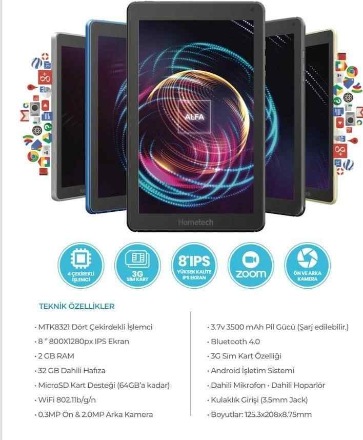 Hometech Alfa 8MRC 3G Sim Kartlı 2GB/32GB Eba TV+Zoom 8 inç Tablet Bilgisayar