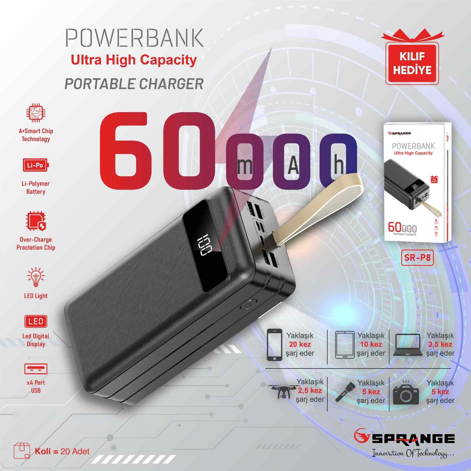 Sprange SR-P8 60000mAh LCD Ekran Portable Fast Charger PowerBank